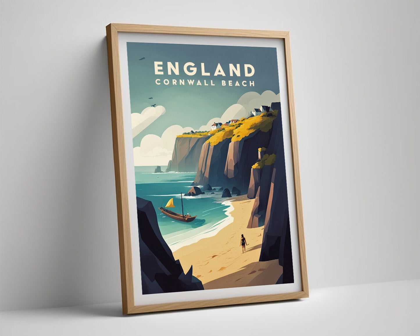Framed England Cornwall Beach Travel Poster in Portrait orientation, minimal background, close up wall art print 4