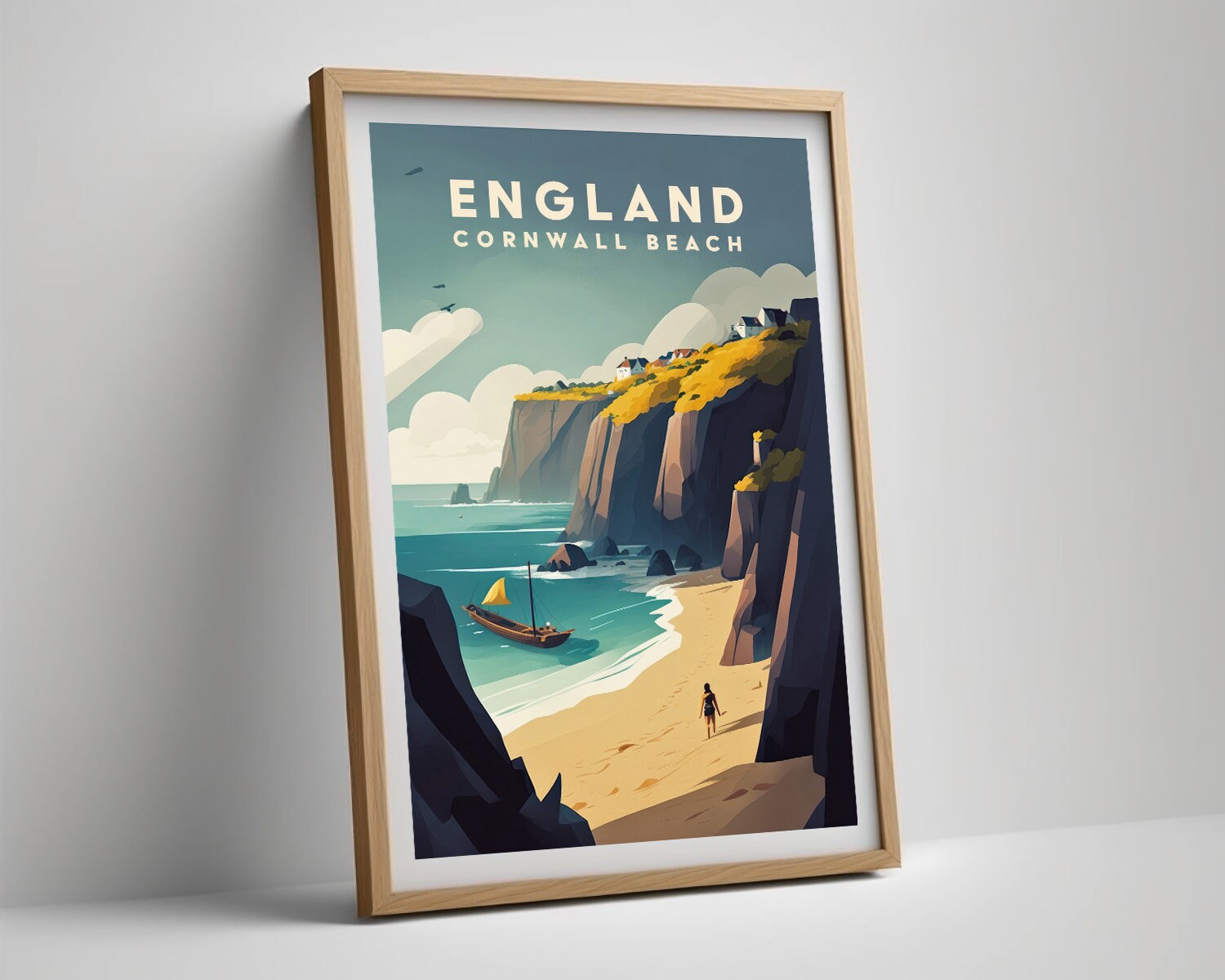 Framed England Cornwall Beach Travel Poster in Portrait orientation, minimal background, close up wall art print 4