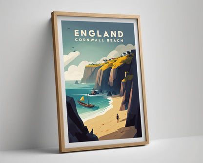 Framed England Cornwall Beach Travel Poster in Portrait orientation, minimal background, close up wall art print 4