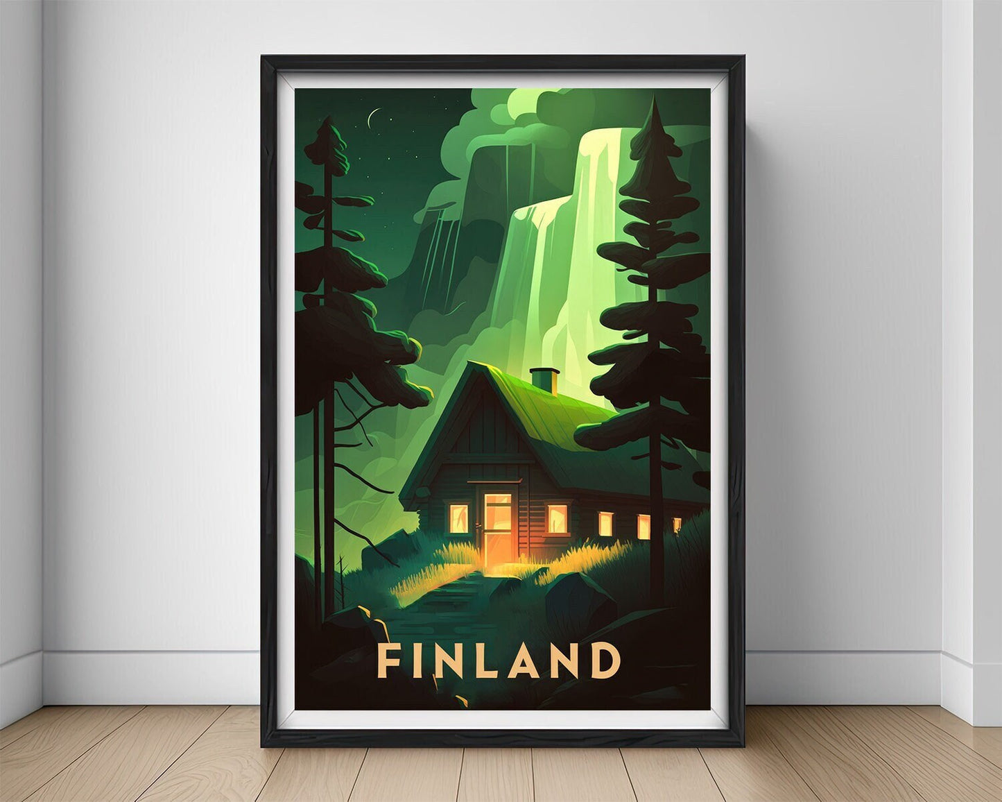 Framed Finland Europe Travel Poster in Portrait orientation, minimal background, close up wall art print 1
