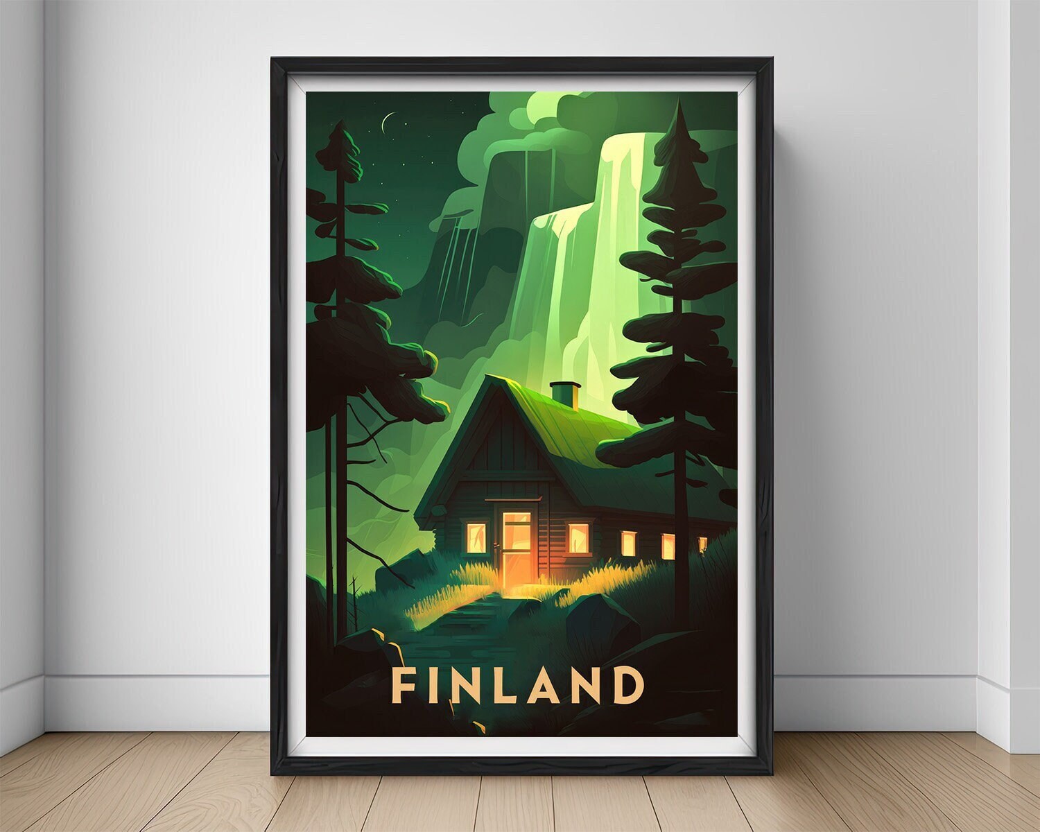 Framed Finland Europe Travel Poster in Portrait orientation, minimal background, close up wall art print 1