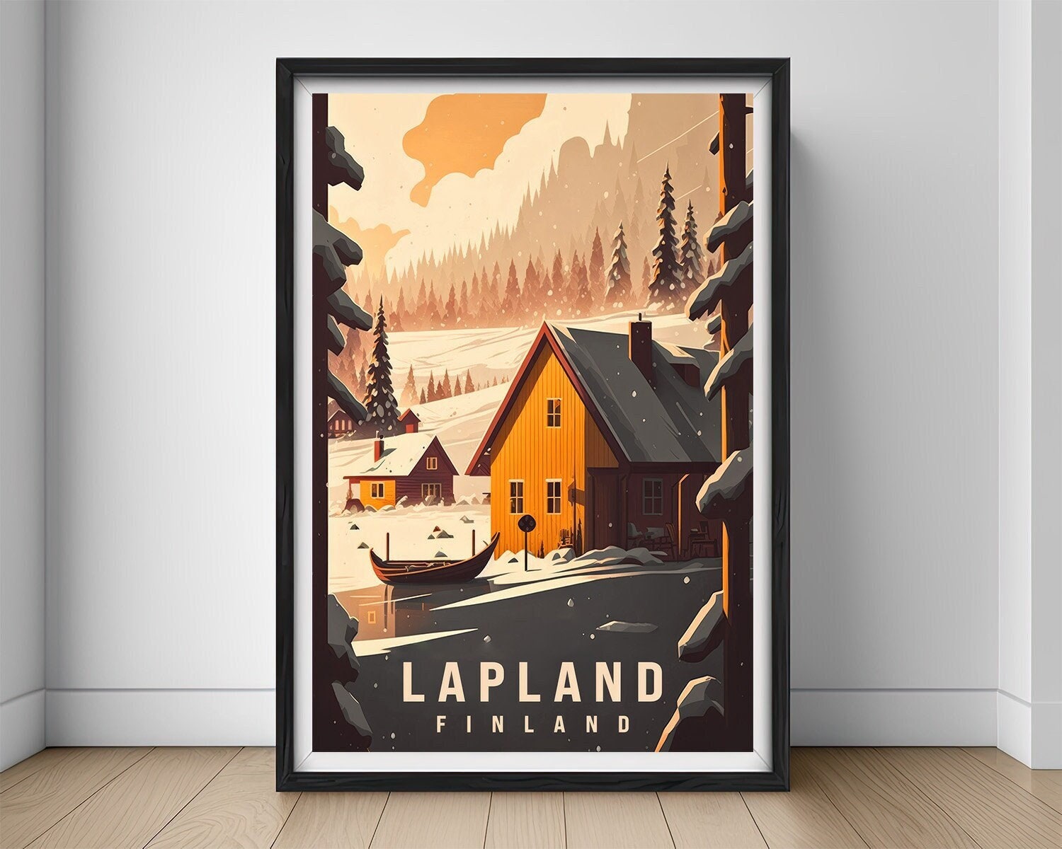 Framed Finland Lapland Travel Poster in Portrait orientation, minimal background, close up wall art print 1