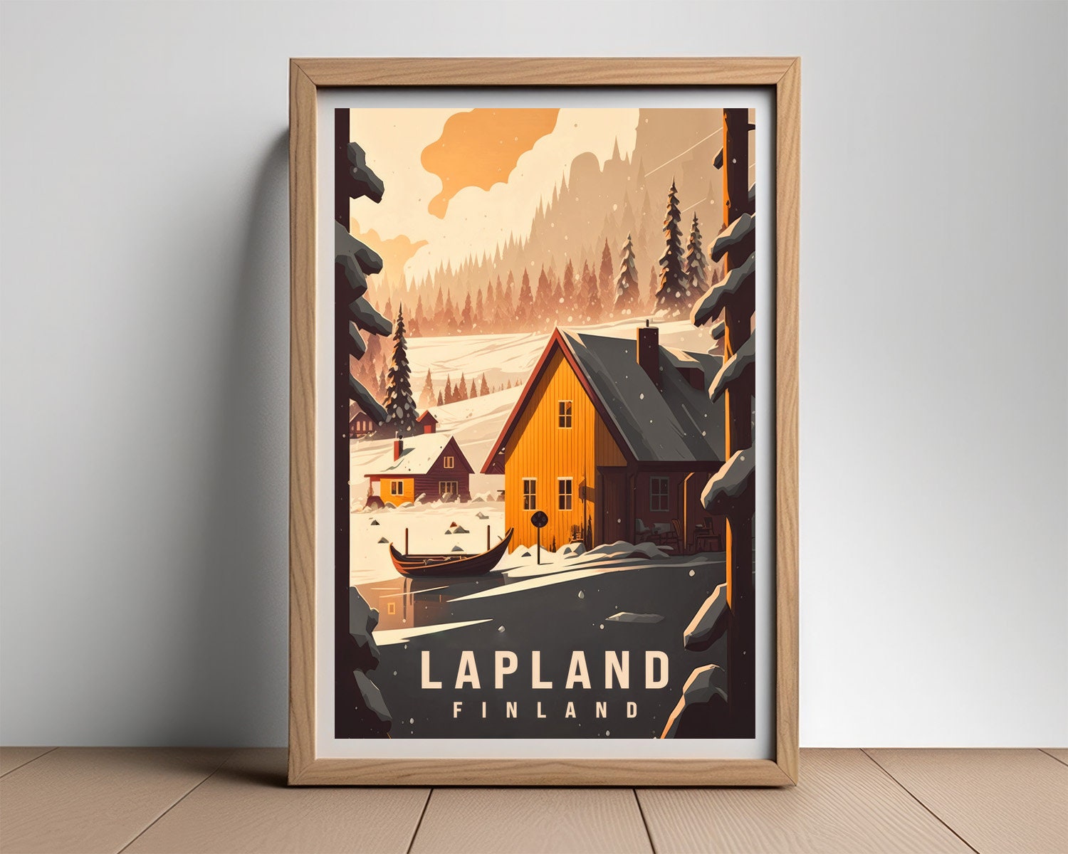 Framed Finland Lapland Travel Poster in Portrait orientation, minimal background, close up wall art print 2