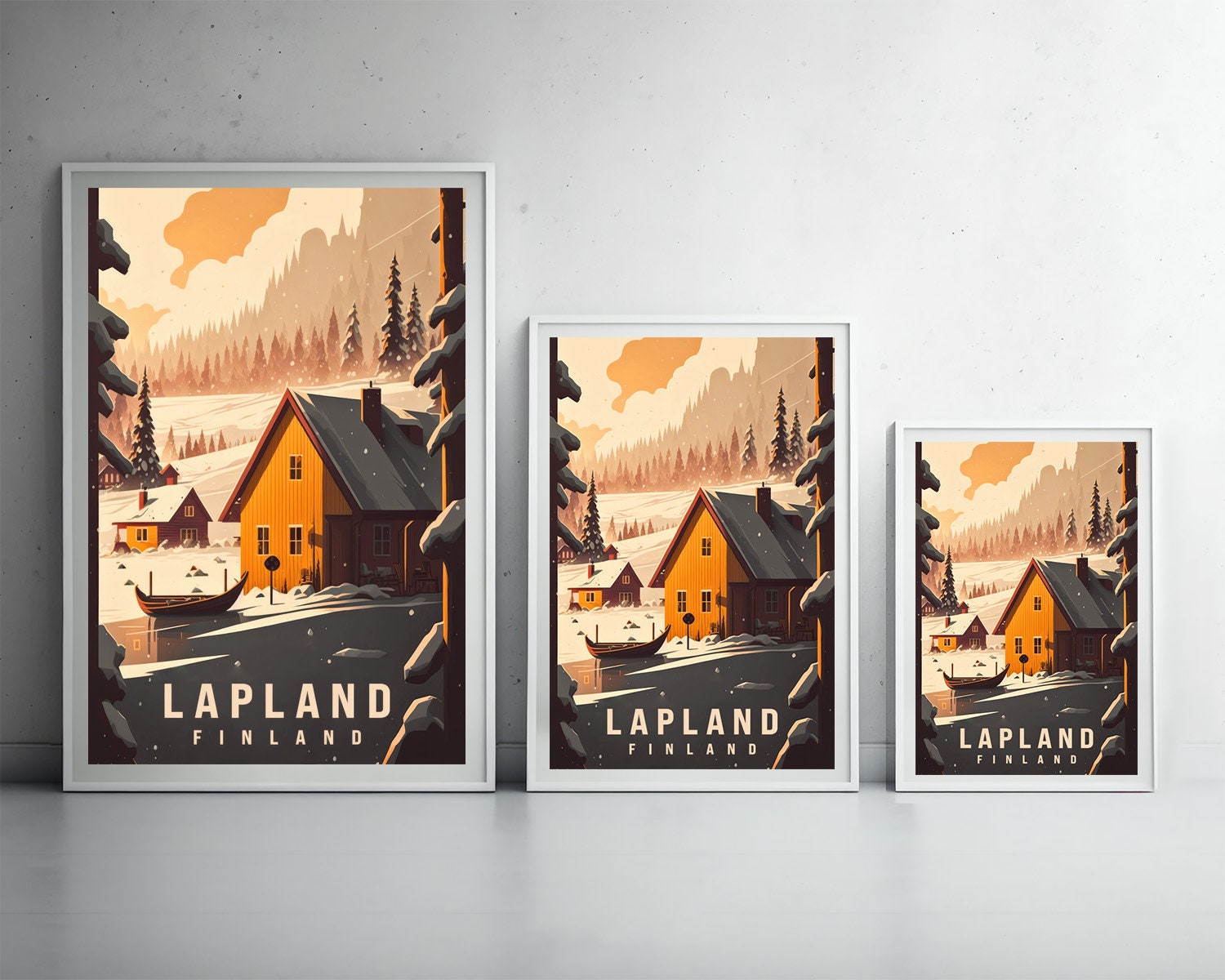 Framed Finland Lapland Travel Poster in Portrait orientation, minimal background, close up wall art print 3