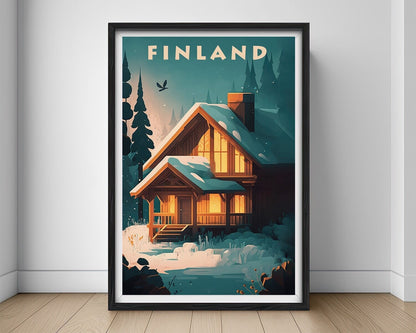 Framed Finland Travel Poster in Portrait orientation, minimal background, close up wall art print 1