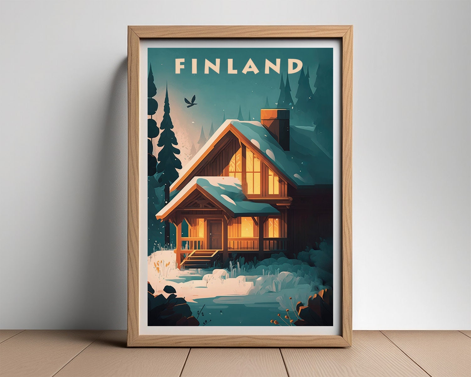 Framed Finland Travel Poster in Portrait orientation, minimal background, close up wall art print 2