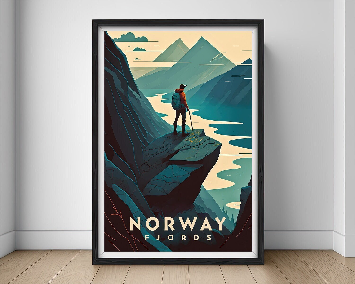 Framed Fjords Norway Travel Poster in Portrait orientation, minimal background, close up wall art print 1