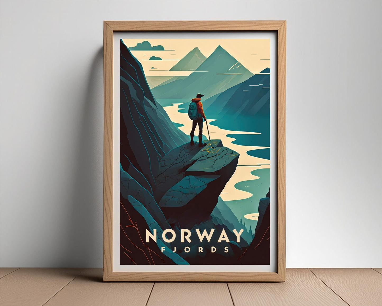 Framed Fjords Norway Travel Poster in Portrait orientation, minimal background, close up wall art print 2