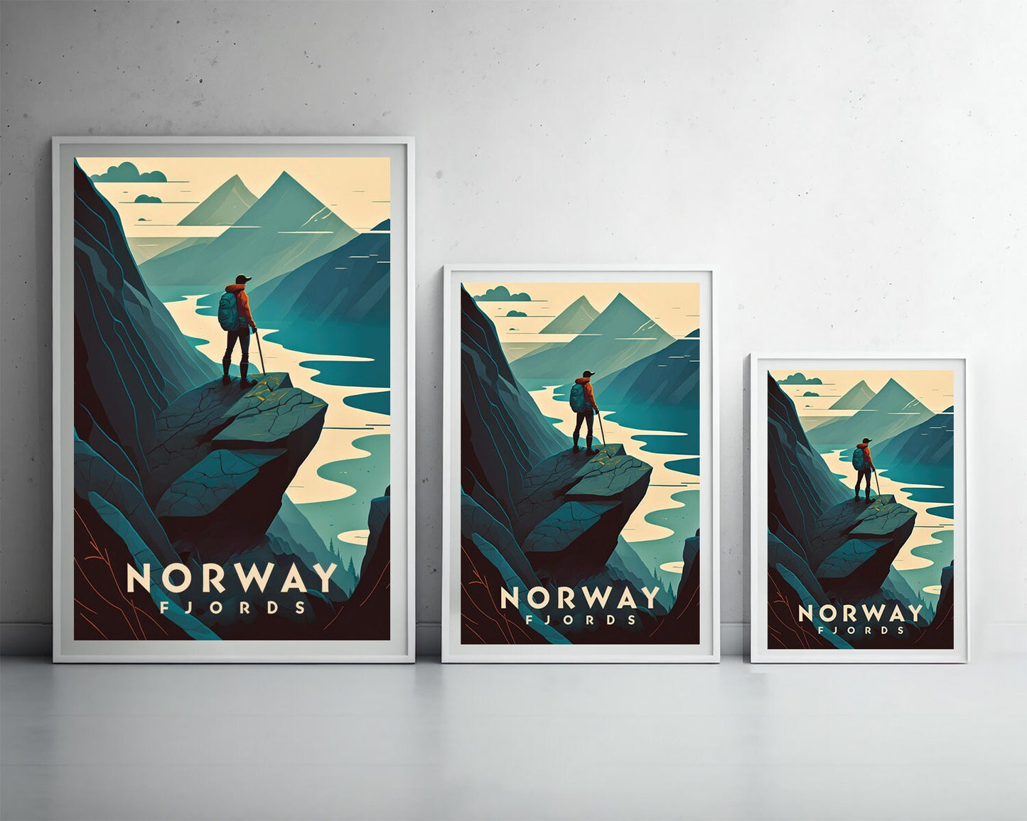 Framed Fjords Norway Travel Poster in Portrait orientation, minimal background, close up wall art print 3