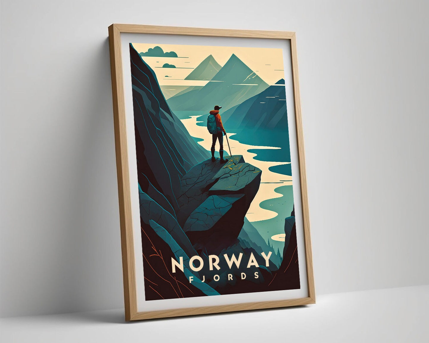 Framed Fjords Norway Travel Poster in Portrait orientation, minimal background, close up wall art print 4