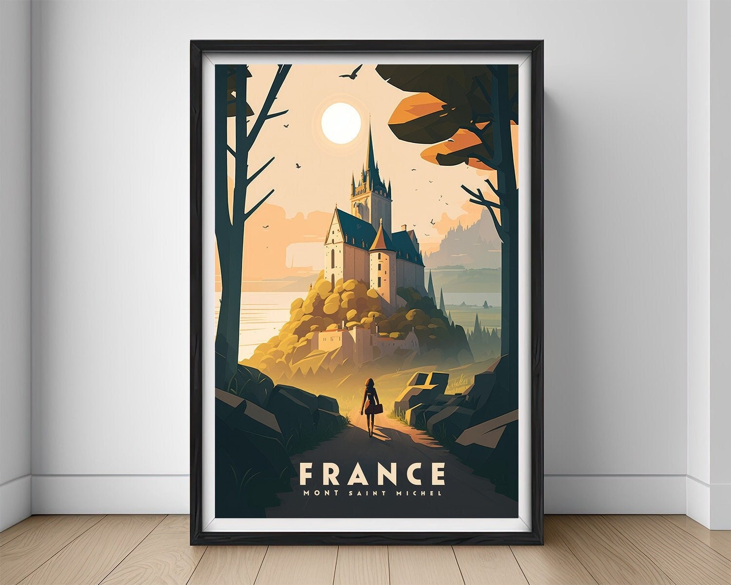 Framed France Mont Saint Michel Castle Travel Poster in Portrait orientation, minimal background, close up wall art print 1