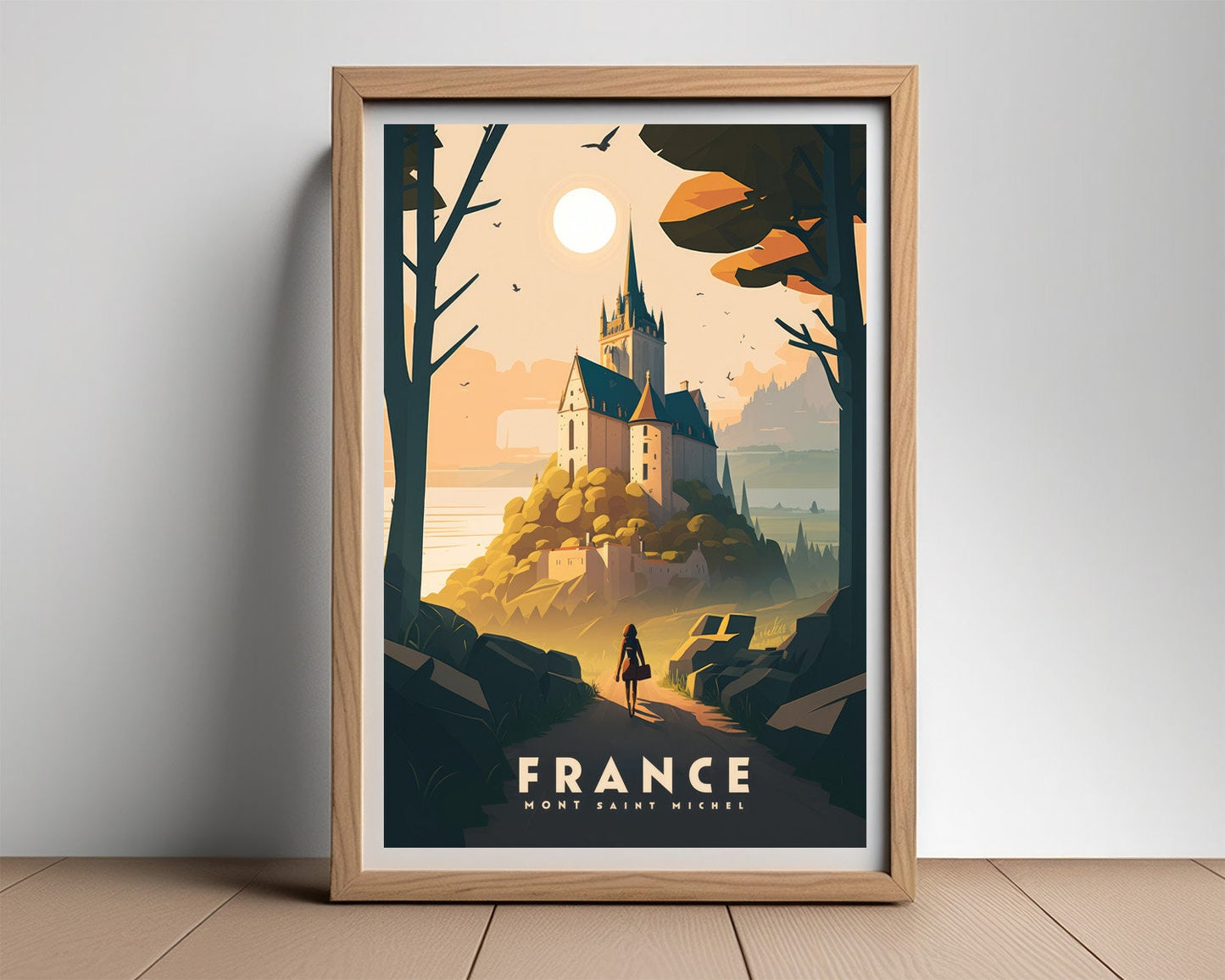 Framed France Mont Saint Michel Castle Travel Poster in Portrait orientation, minimal background, close up wall art print 2