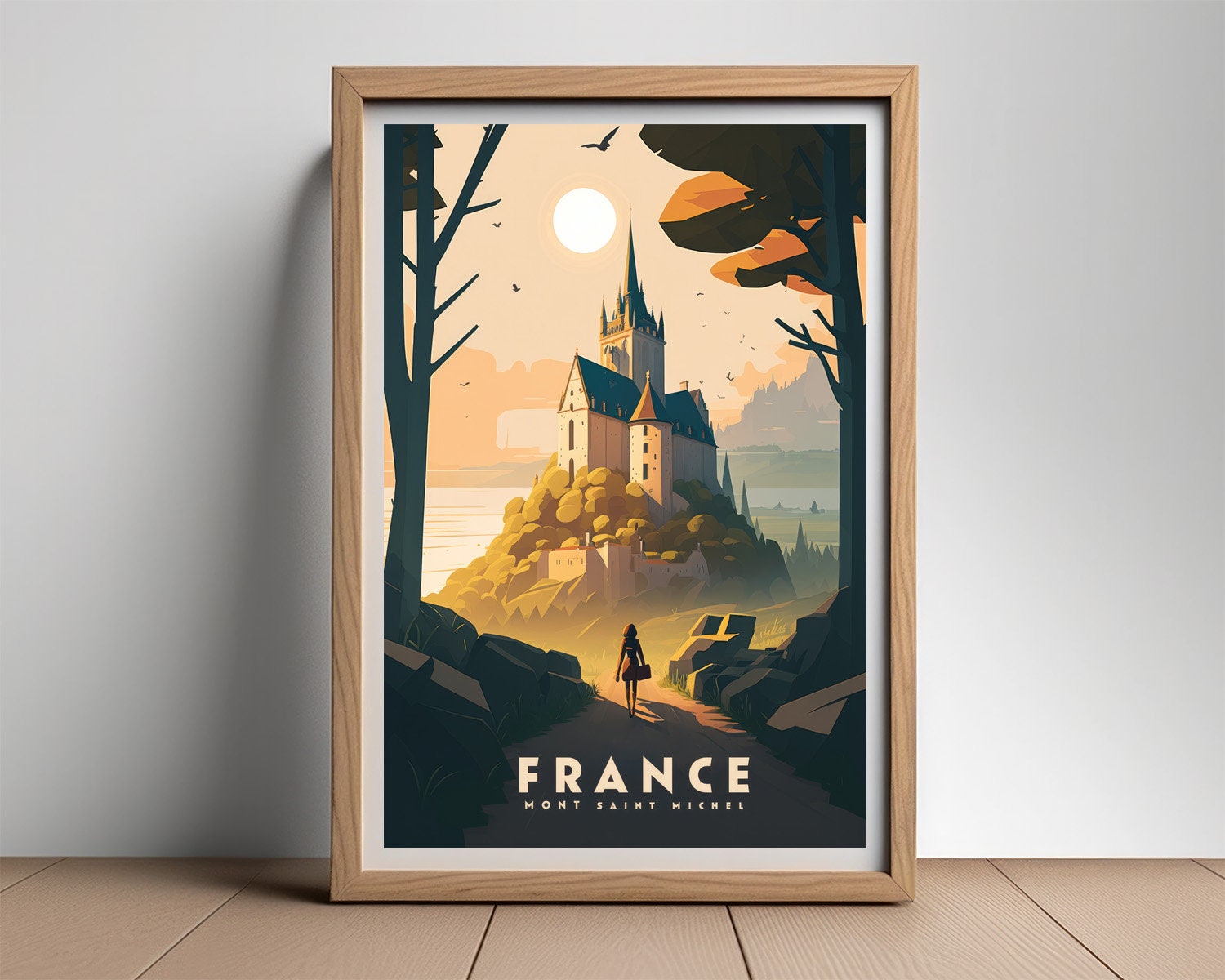Framed France Mont Saint Michel Castle Travel Poster in Portrait orientation, minimal background, close up wall art print 2