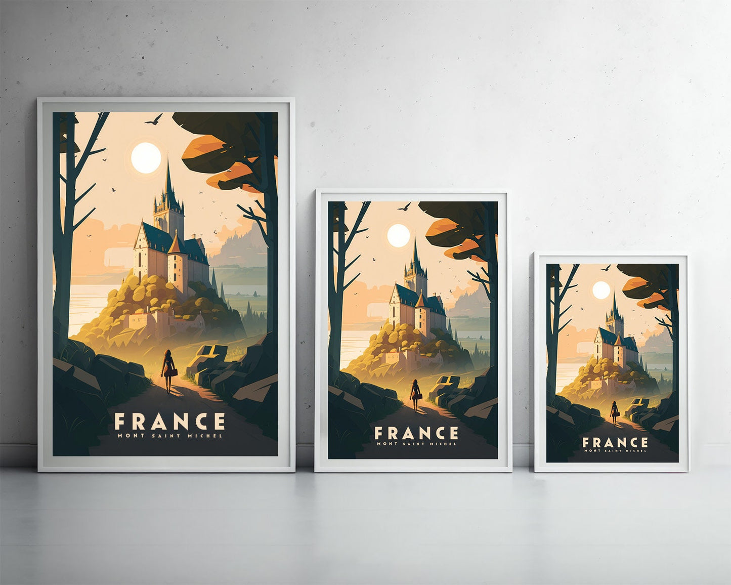 Framed France Mont Saint Michel Castle Travel Poster in Portrait orientation, minimal background, close up wall art print 3