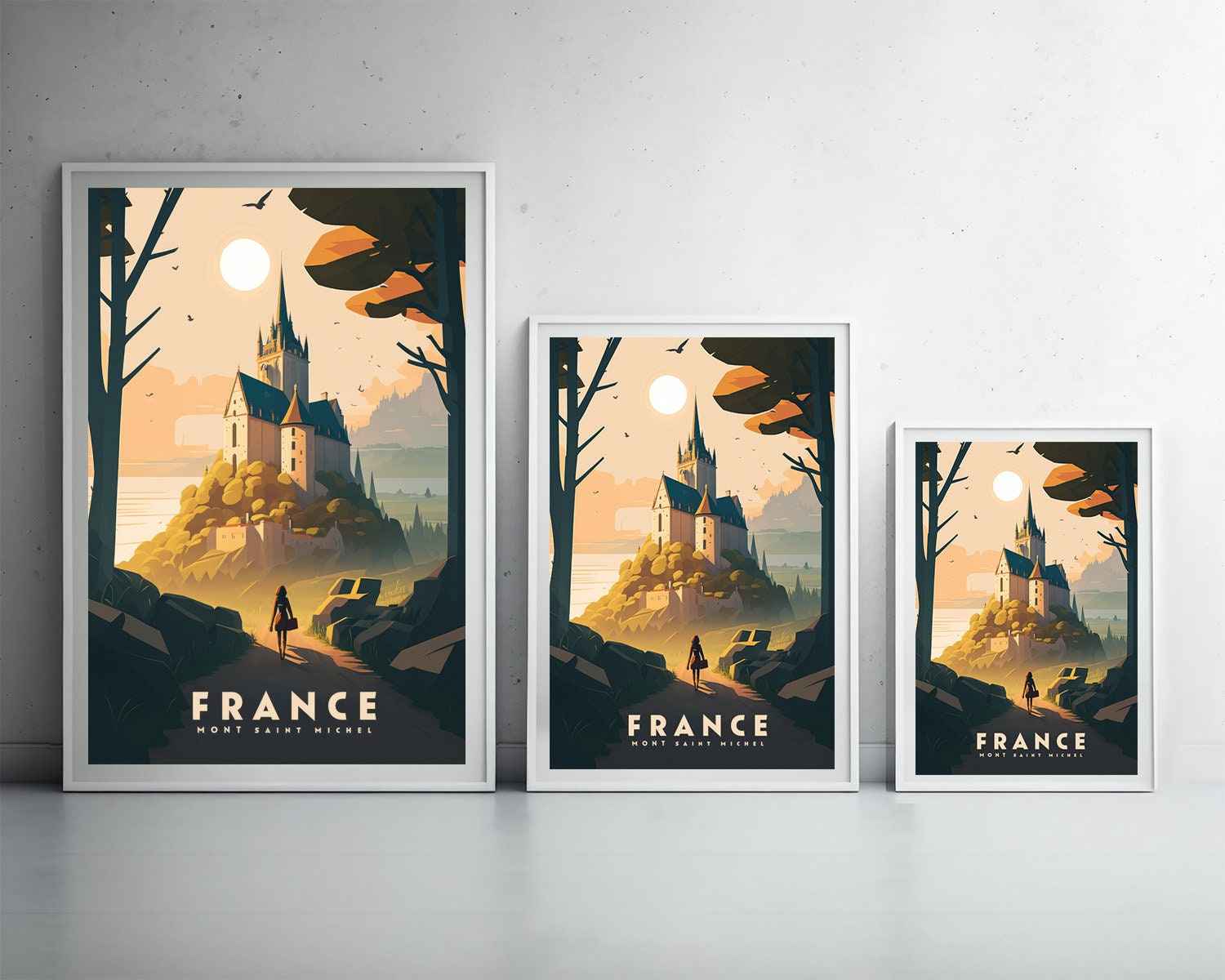 Framed France Mont Saint Michel Castle Travel Poster in Portrait orientation, minimal background, close up wall art print 3