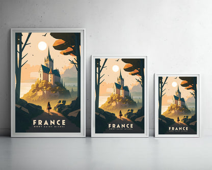 Framed France Mont Saint Michel Castle Travel Poster in Portrait orientation, minimal background, close up wall art print 3