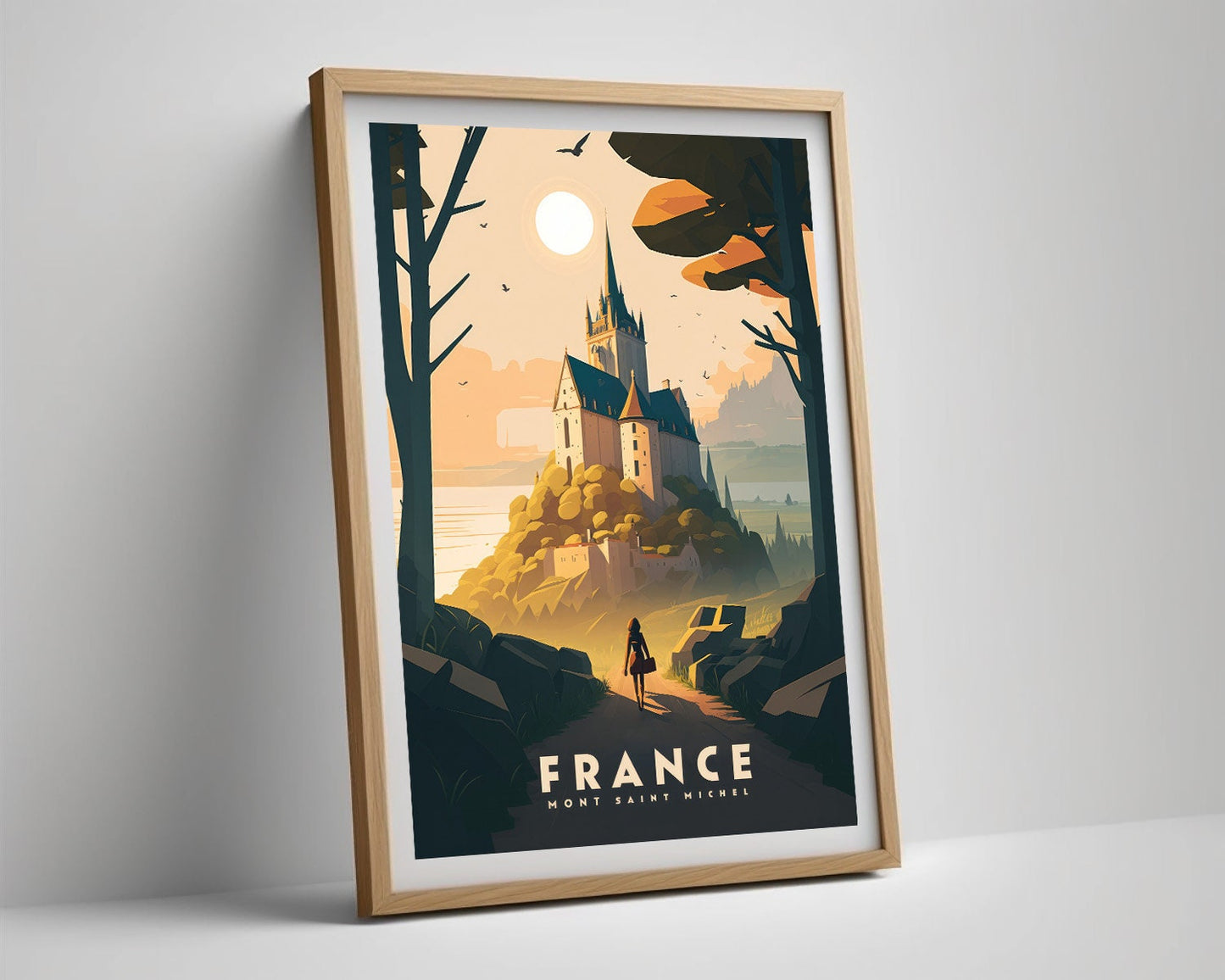 Framed France Mont Saint Michel Castle Travel Poster in Portrait orientation, minimal background, close up wall art print 4