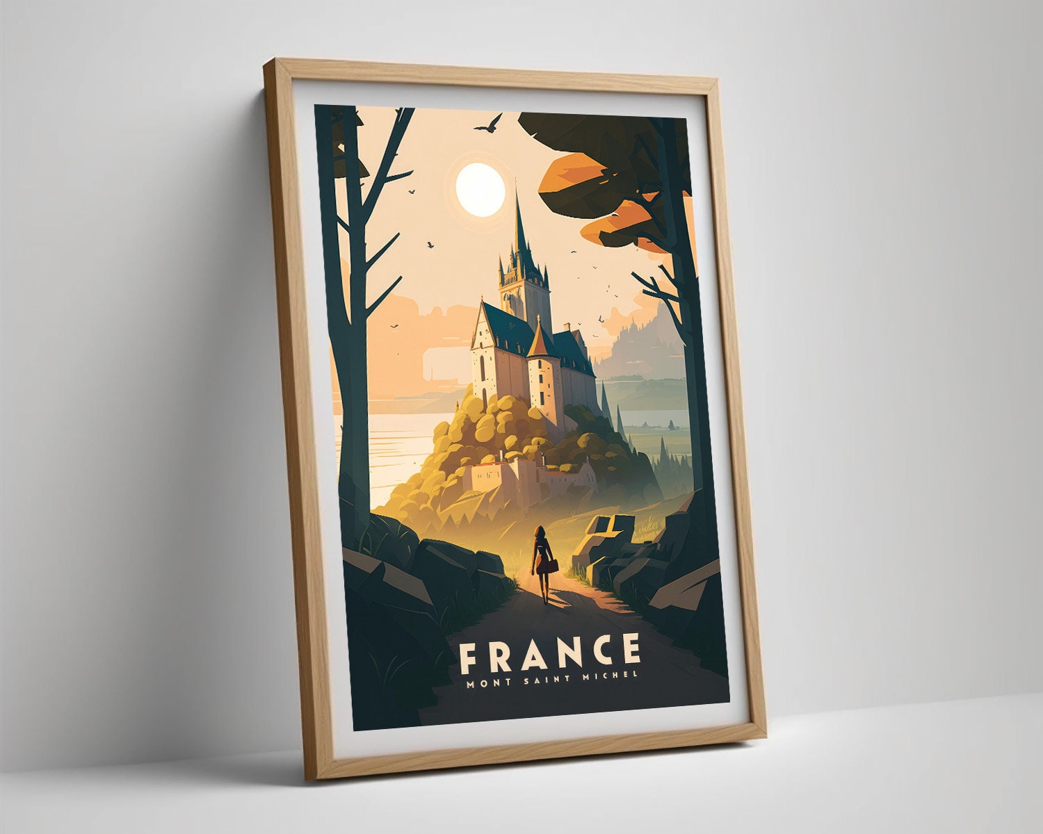 Framed France Mont Saint Michel Castle Travel Poster in Portrait orientation, minimal background, close up wall art print 4