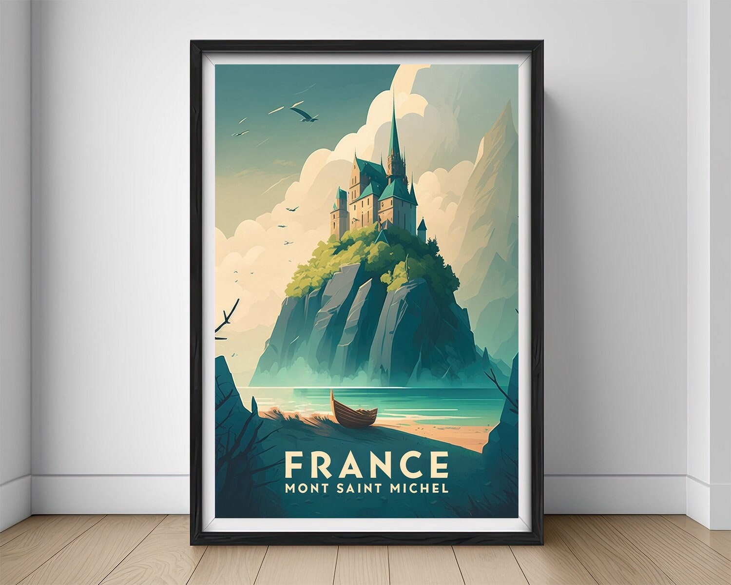 Framed France Mont Saint Michel Travel Poster in Portrait orientation, minimal background, close up wall art print 1
