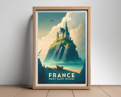 Framed France Mont Saint Michel Travel Poster in Portrait orientation, minimal background, close up wall art print 2