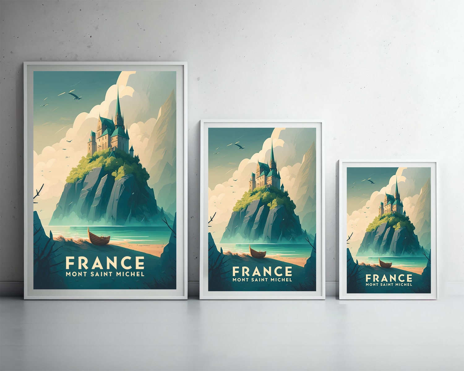 Framed France Mont Saint Michel Travel Poster in Portrait orientation, minimal background, close up wall art print 3