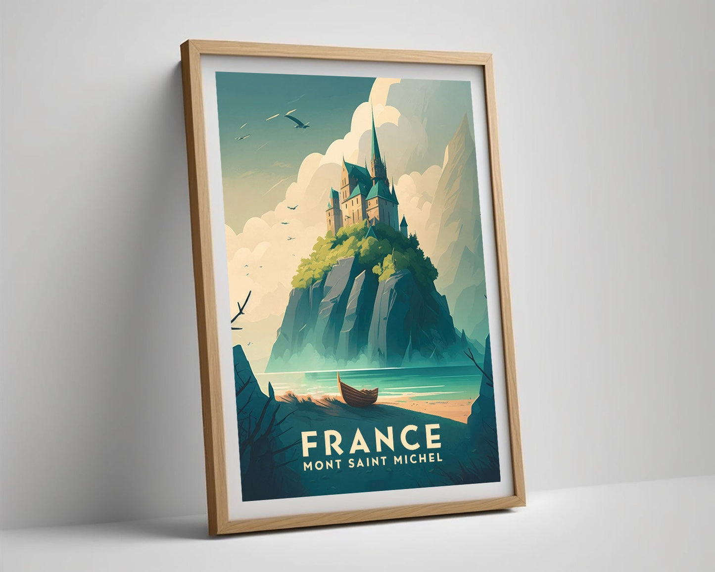 Framed France Mont Saint Michel Travel Poster in Portrait orientation, minimal background, close up wall art print 4