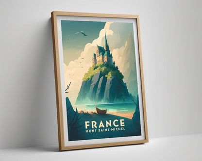 Framed France Mont Saint Michel Travel Poster in Portrait orientation, minimal background, close up wall art print 4