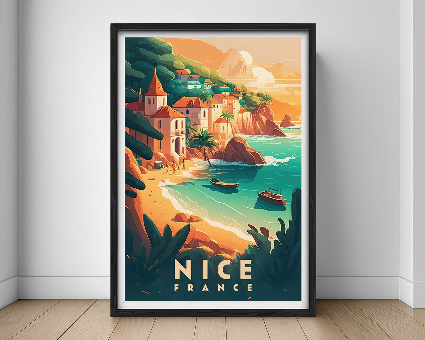 Framed France Nice Travel Poster in Portrait orientation, minimal background, close up wall art print 1