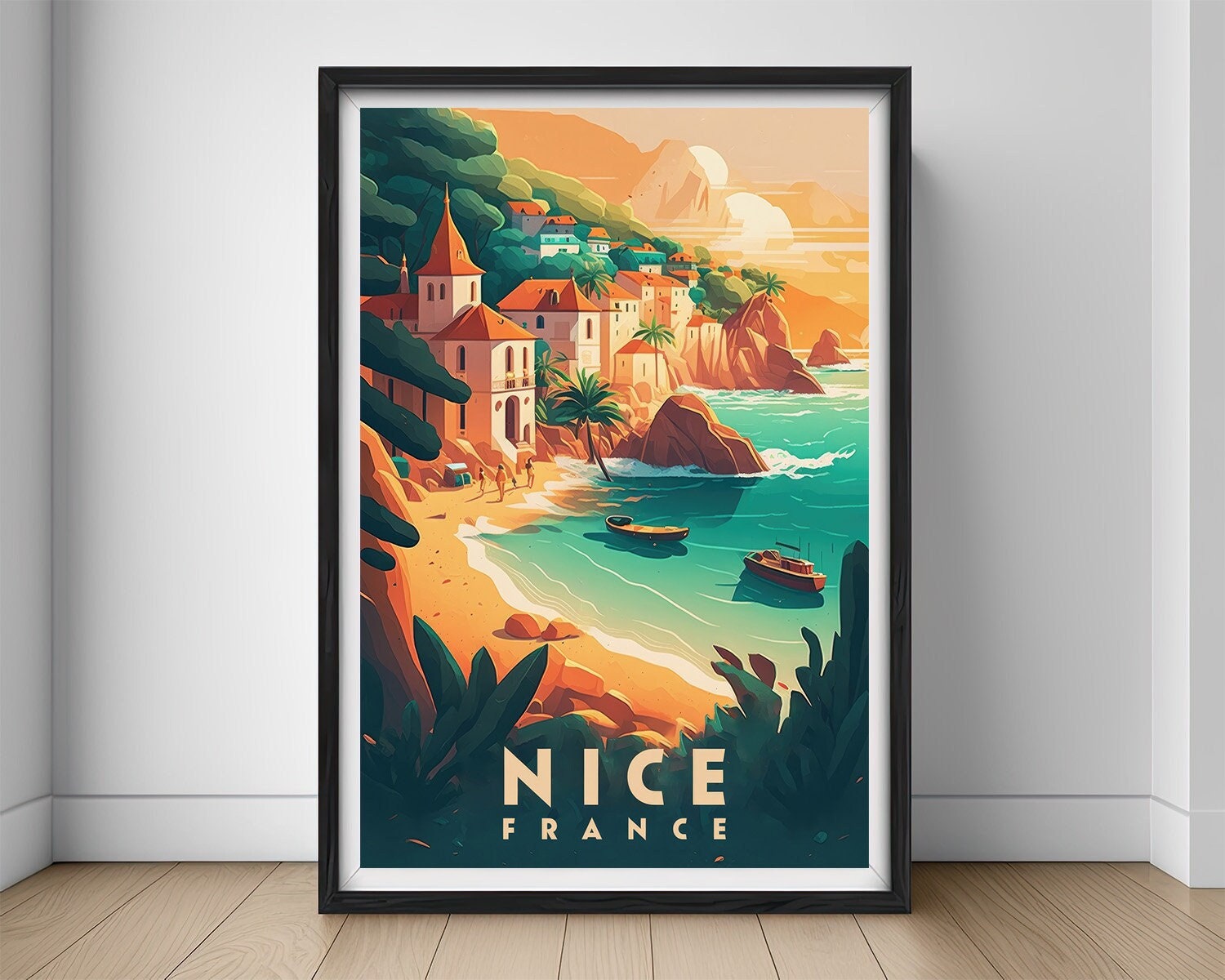 Framed France Nice Travel Poster in Portrait orientation, minimal background, close up wall art print 1