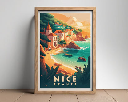 Framed France Nice Travel Poster in Portrait orientation, minimal background, close up wall art print 2