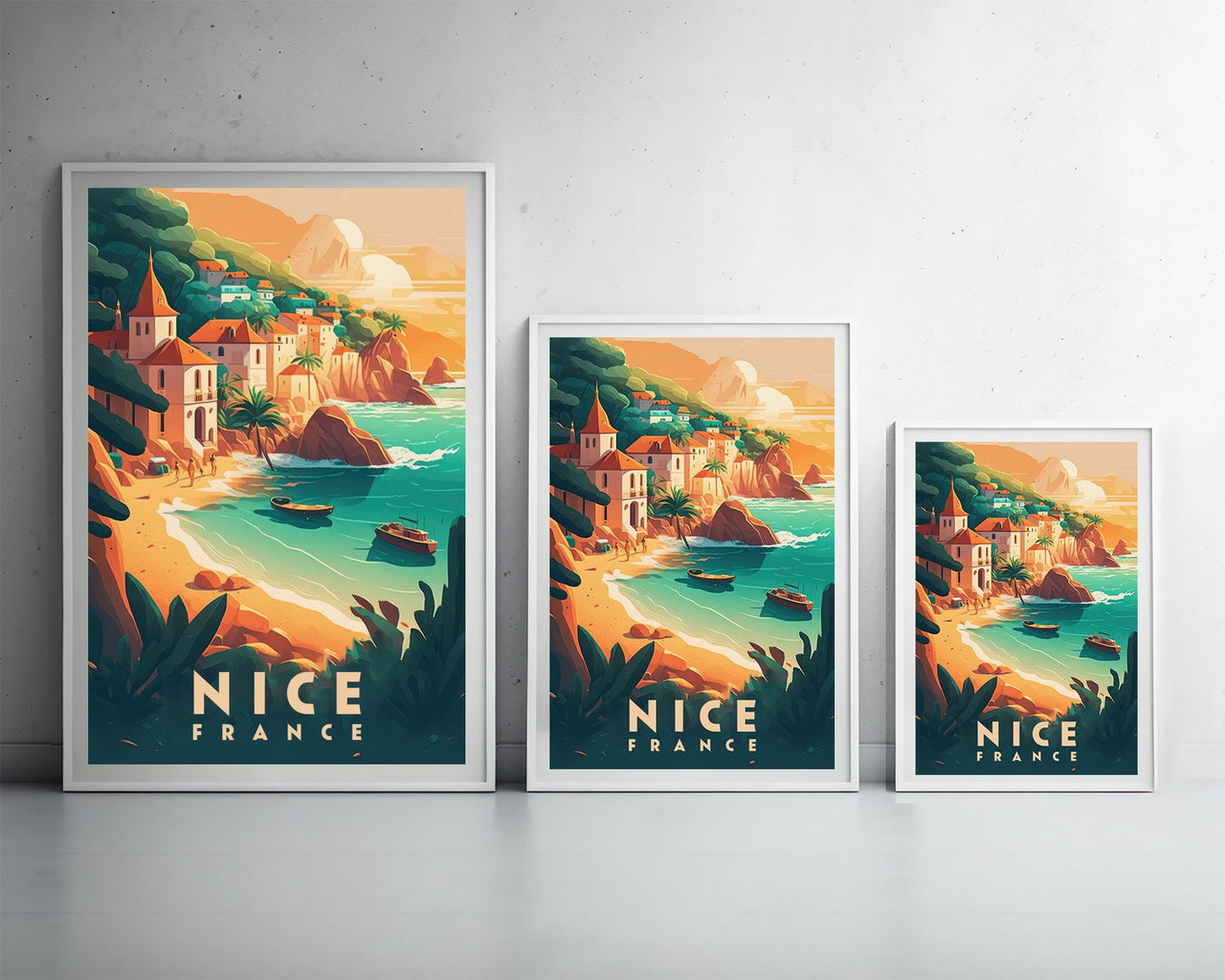 Framed France Nice Travel Poster in Portrait orientation, minimal background, close up wall art print 3