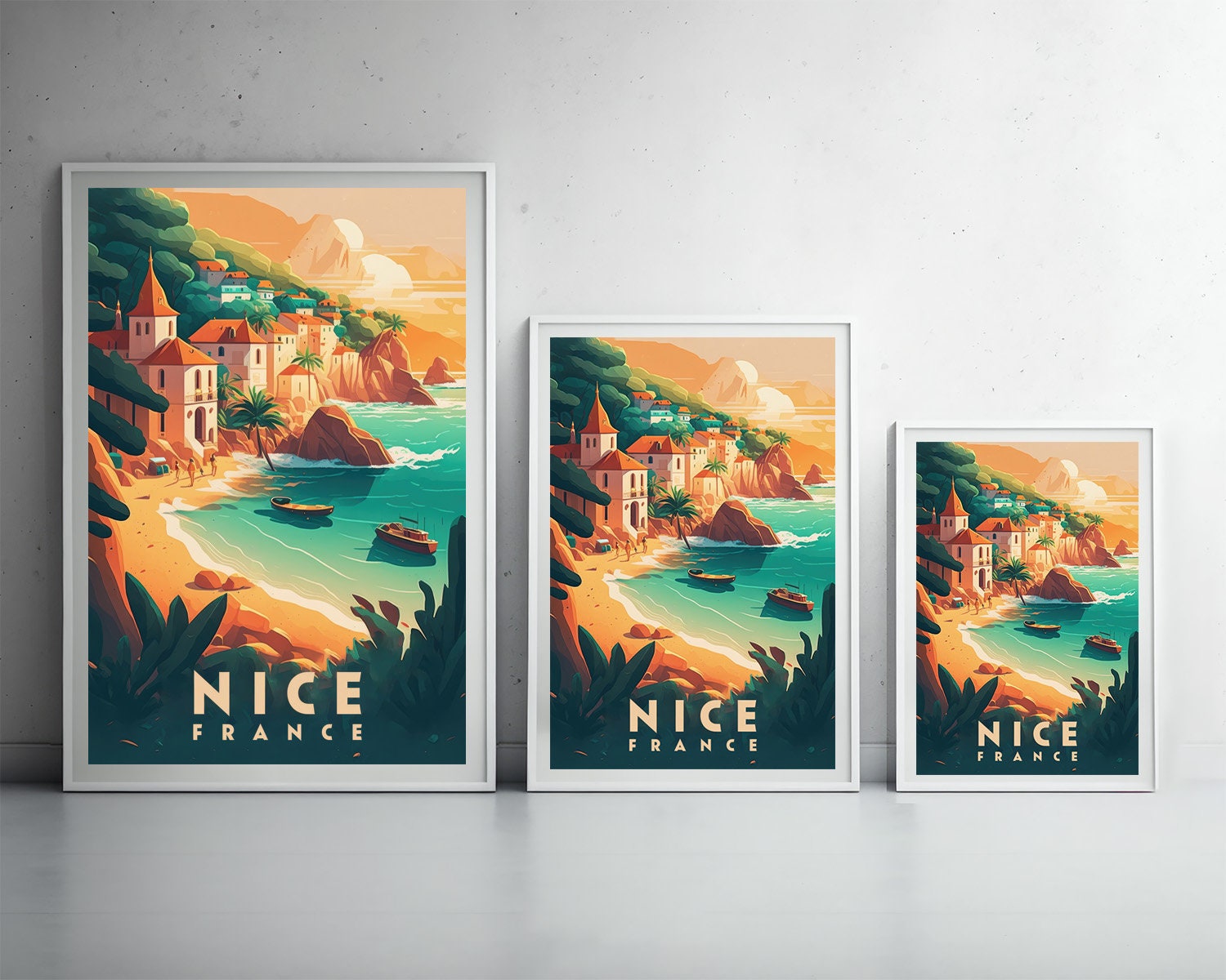 Framed France Nice Travel Poster in Portrait orientation, minimal background, close up wall art print 3