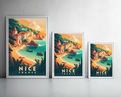 Framed France Nice Travel Poster in Portrait orientation, minimal background, close up wall art print 3
