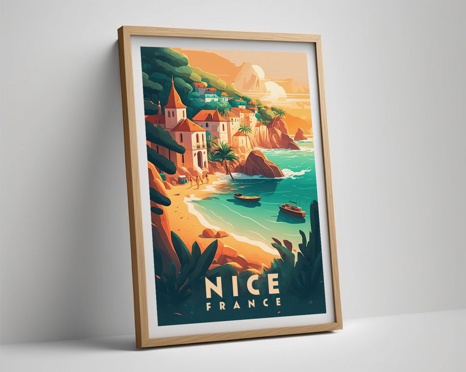 Framed France Nice Travel Poster in Portrait orientation, minimal background, close up wall art print 4