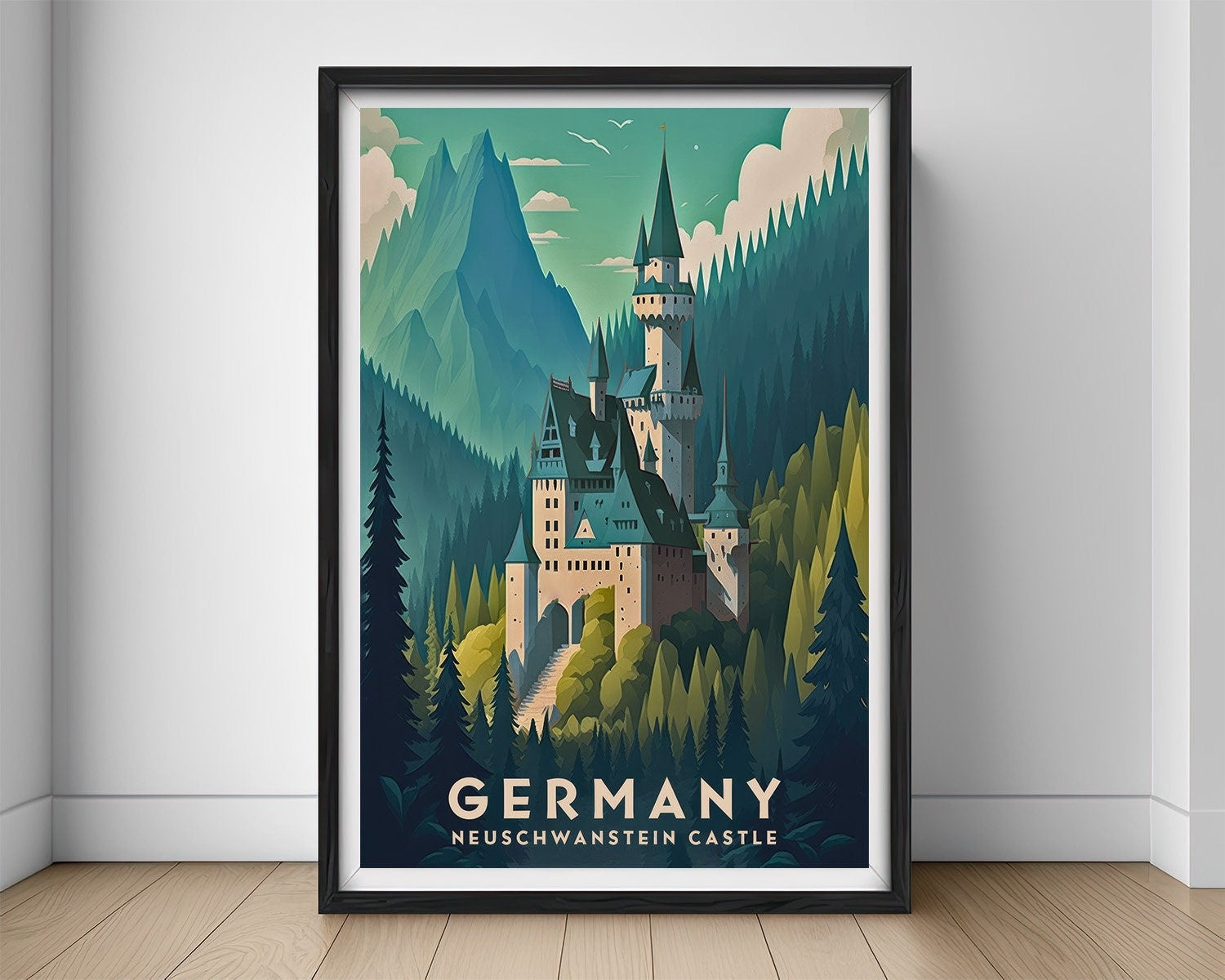 Framed Germany Neuschwanstein Castle Travel Poster in Portrait orientation, minimal background, close up wall art print 1