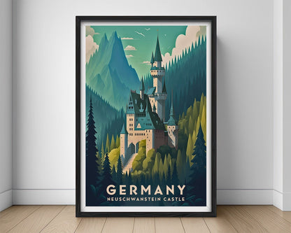 Framed Germany Neuschwanstein Castle Travel Poster in Portrait orientation, minimal background, close up wall art print 1