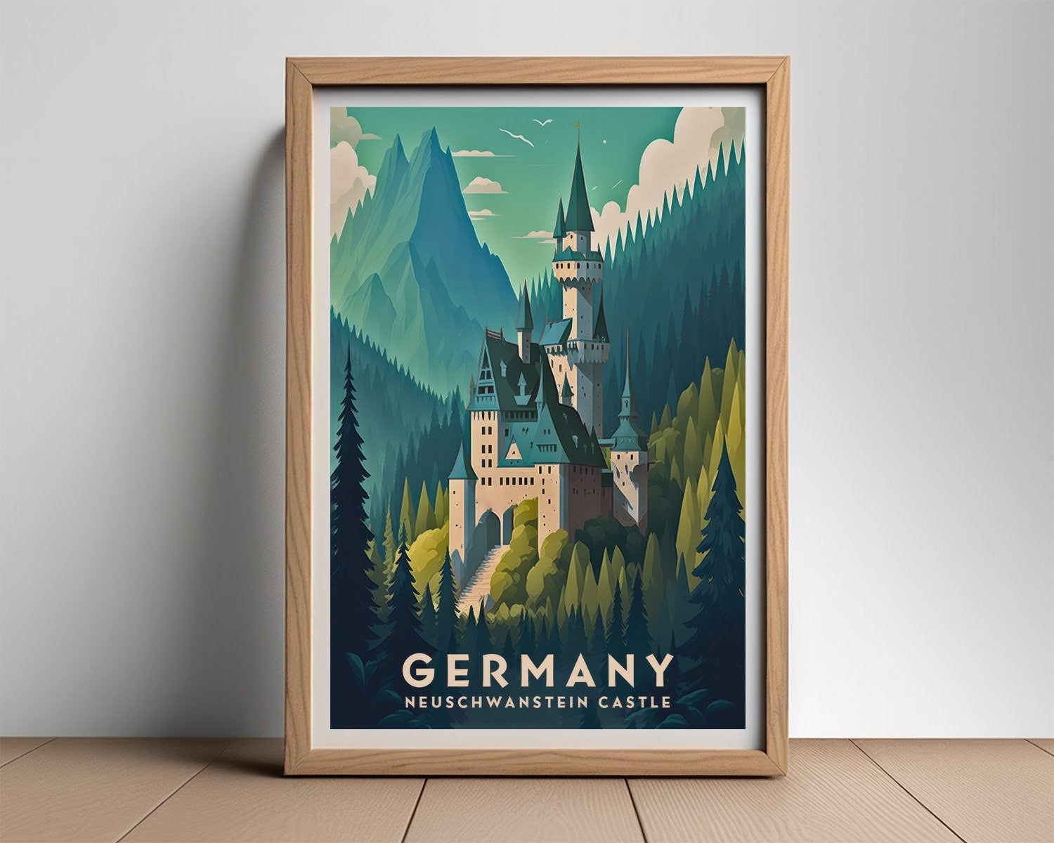Framed Germany Neuschwanstein Castle Travel Poster in Portrait orientation, minimal background, close up wall art print 2