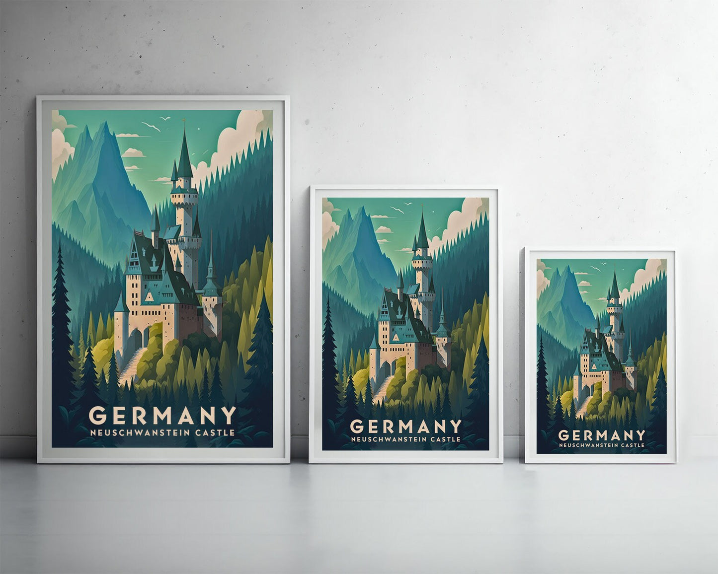 Framed Germany Neuschwanstein Castle Travel Poster in Portrait orientation, minimal background, close up wall art print 3