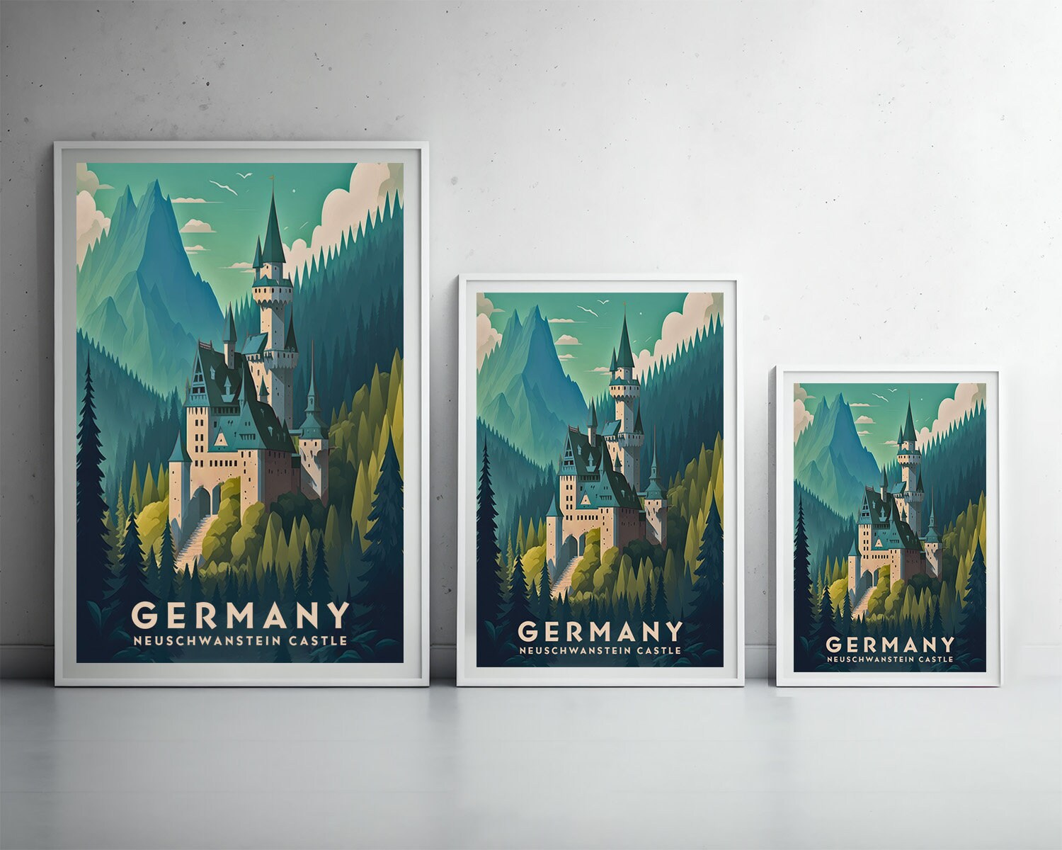 Framed Germany Neuschwanstein Castle Travel Poster in Portrait orientation, minimal background, close up wall art print 3