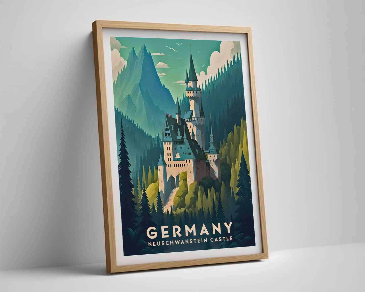 Framed Germany Neuschwanstein Castle Travel Poster in Portrait orientation, minimal background, close up wall art print 4