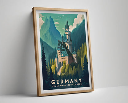Framed Germany Neuschwanstein Castle Travel Poster in Portrait orientation, minimal background, close up wall art print 4