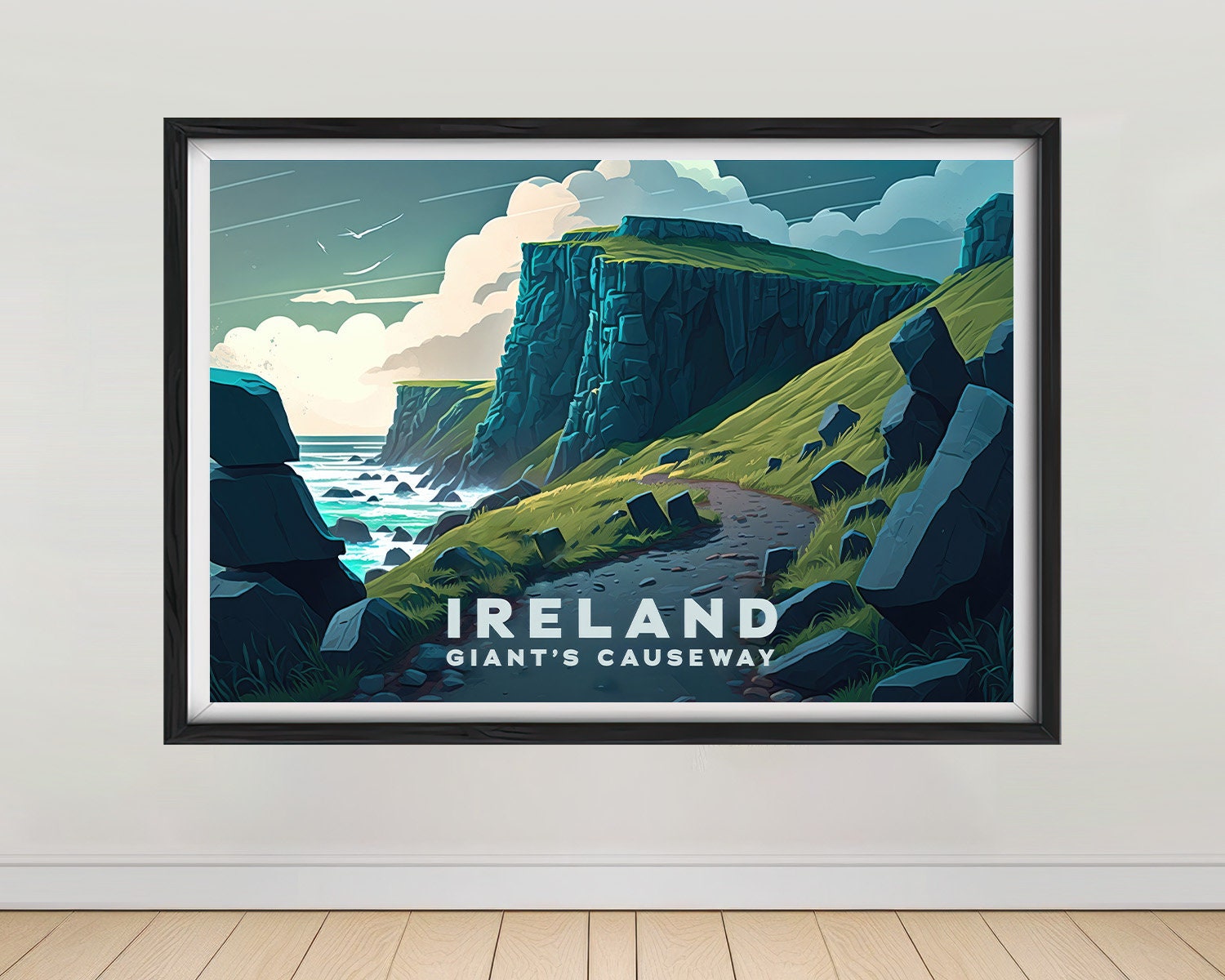 Framed Giant's Causeway Ireland UK Travel Poster in Landscape orientation, minimal background, close up wall art print 1