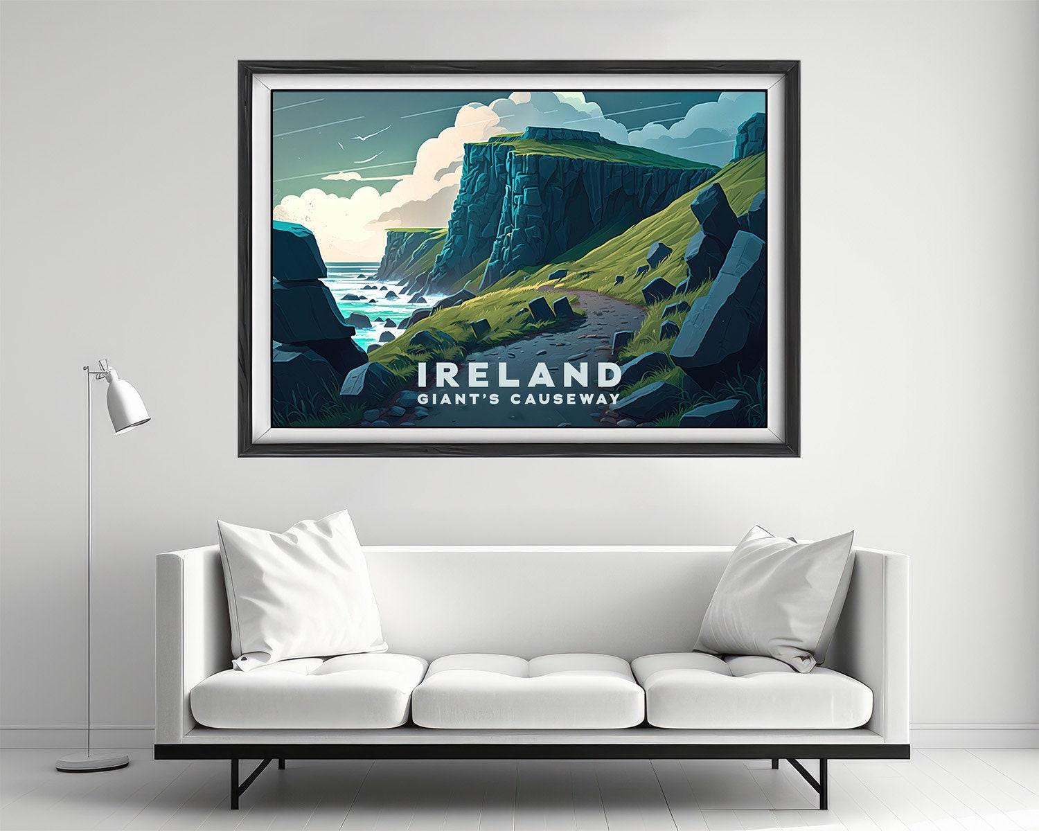 Framed Giant's Causeway Ireland UK Travel Poster in Landscape orientation, minimal background, close up wall art print 2