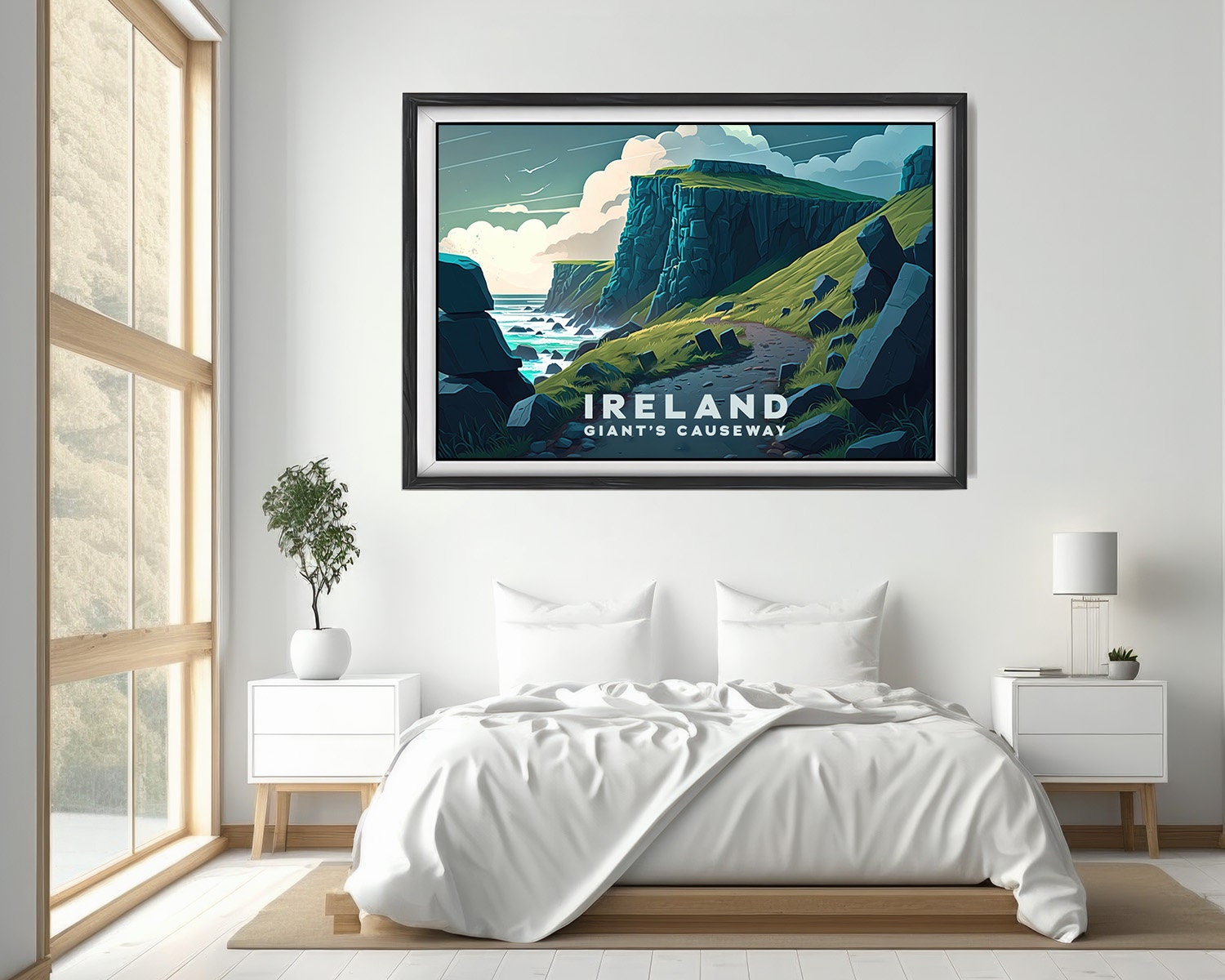 Framed Giant's Causeway Ireland UK Travel Poster in Landscape orientation, minimal background, close up wall art print 3