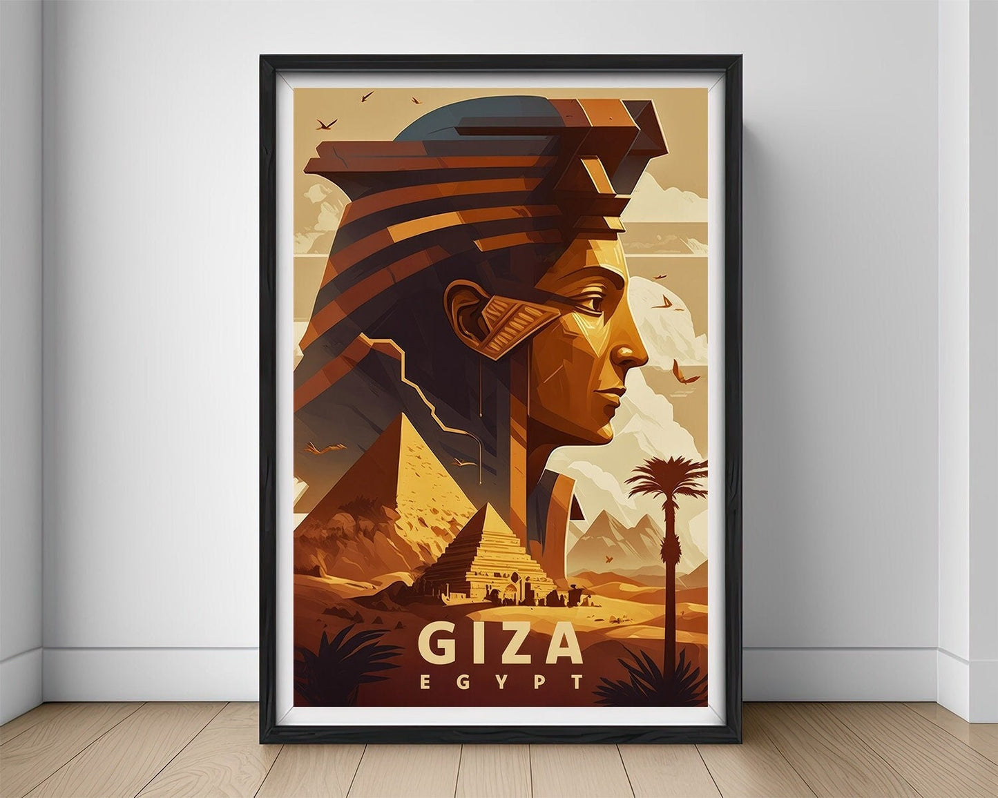 Framed Giza Egypt Pyramid Travel Poster in Portrait orientation, minimal background, close up wall art print 1