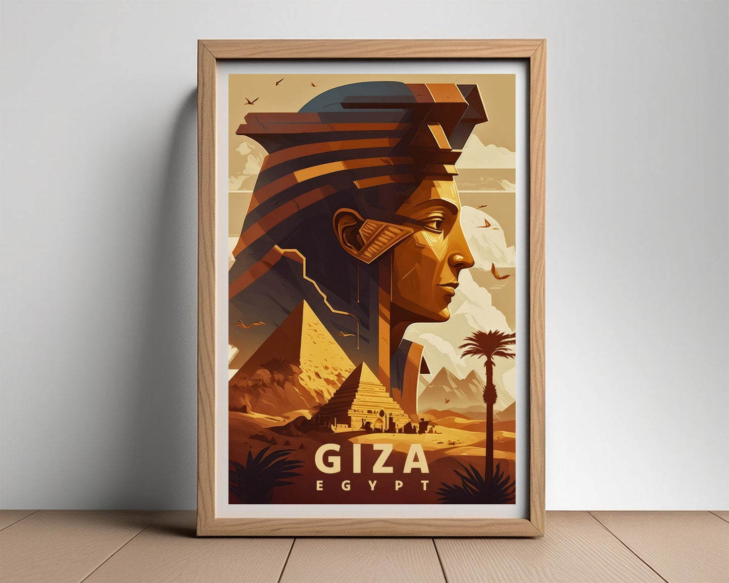 Framed Giza Egypt Pyramid Travel Poster in Portrait orientation, minimal background, close up wall art print 2