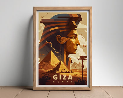 Framed Giza Egypt Pyramid Travel Poster in Portrait orientation, minimal background, close up wall art print 2