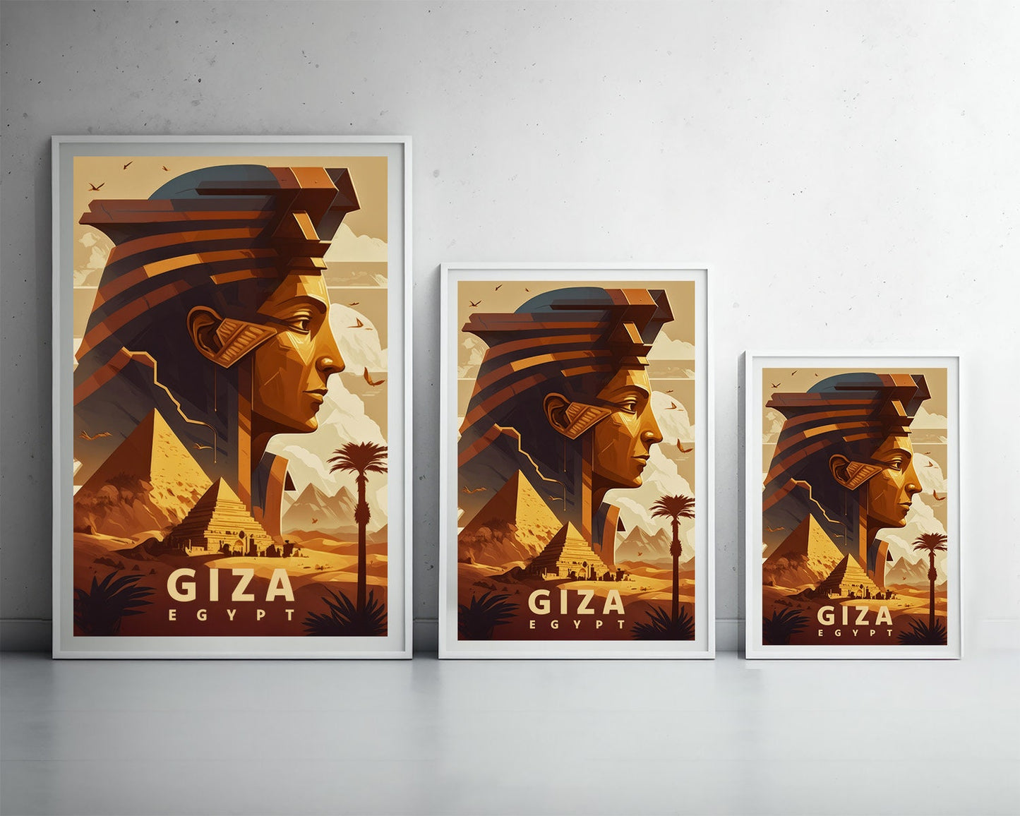 Framed Giza Egypt Pyramid Travel Poster in Portrait orientation, minimal background, close up wall art print 3