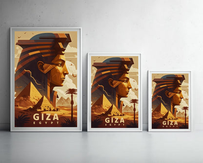 Framed Giza Egypt Pyramid Travel Poster in Portrait orientation, minimal background, close up wall art print 3