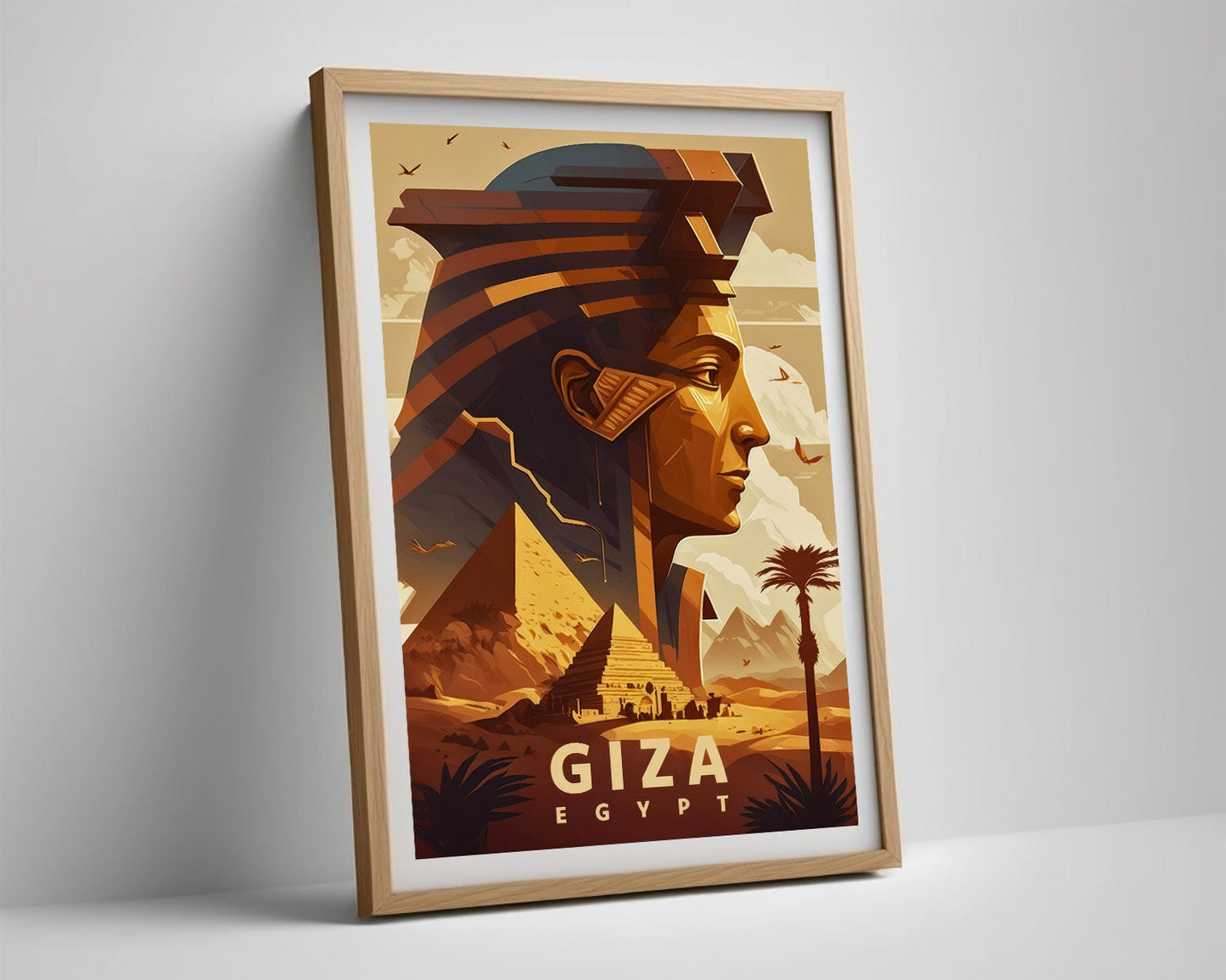 Framed Giza Egypt Pyramid Travel Poster in Portrait orientation, minimal background, close up wall art print 4